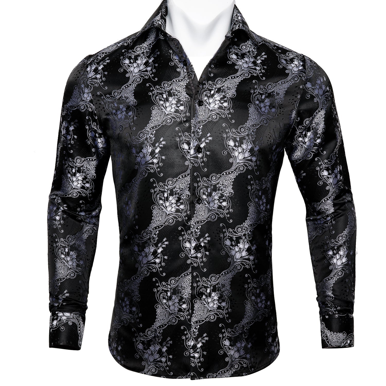 Silver and Black Floral Dress Shirt XL