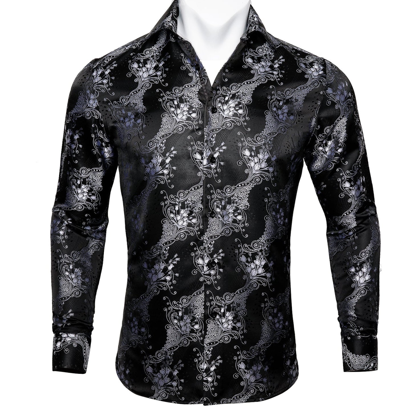 Silver and Black Floral Dress Shirt shirt S   - Sophisticated Gentlemen