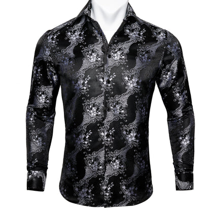 Silver and Black Floral Dress Shirt shirt S   - Sophisticated Gentlemen