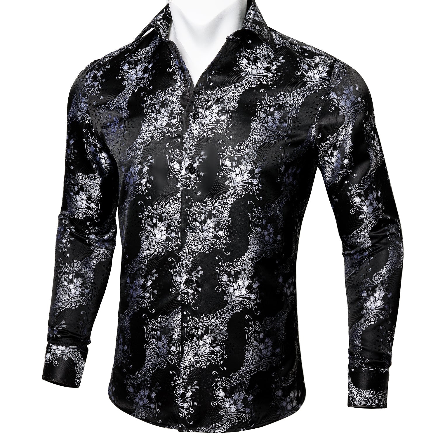 black and white floral dress shirt Black and White Floral Long Sleeve Men Button up Shirt, Flowers Summer Print Dress Buttoned Collar Casual Male Guy Shirt