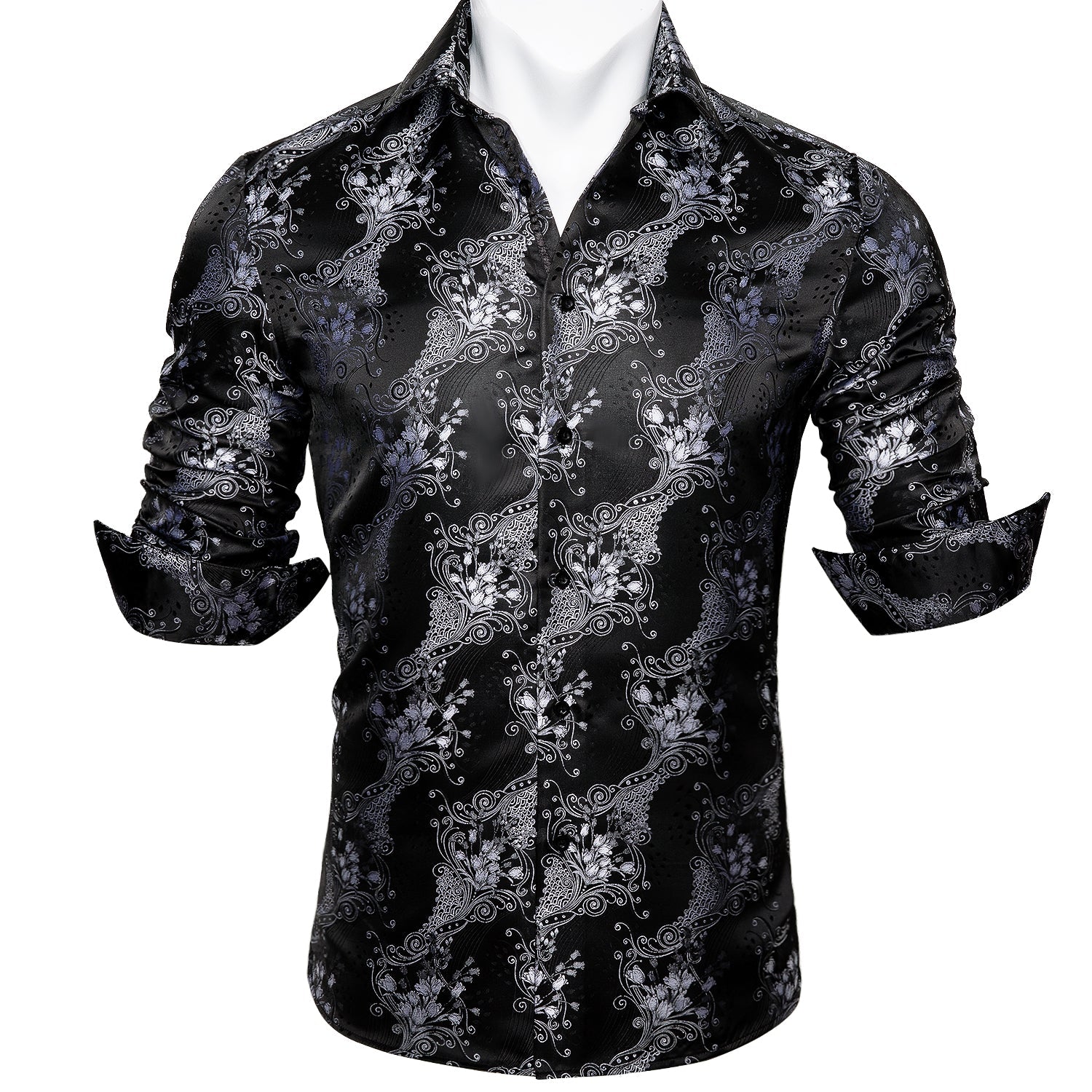 black floral dress shirt mens YourTies Black Mens Shirt Pink Jacquard Floral Long Sleeve Dress Shirt S