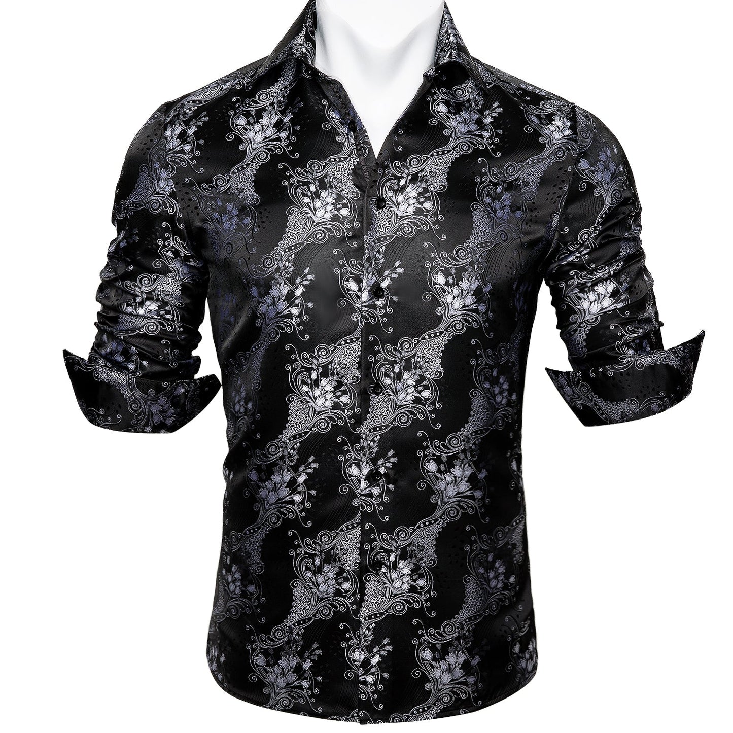 Silver and Black Floral Dress Shirt shirt    - Sophisticated Gentlemen