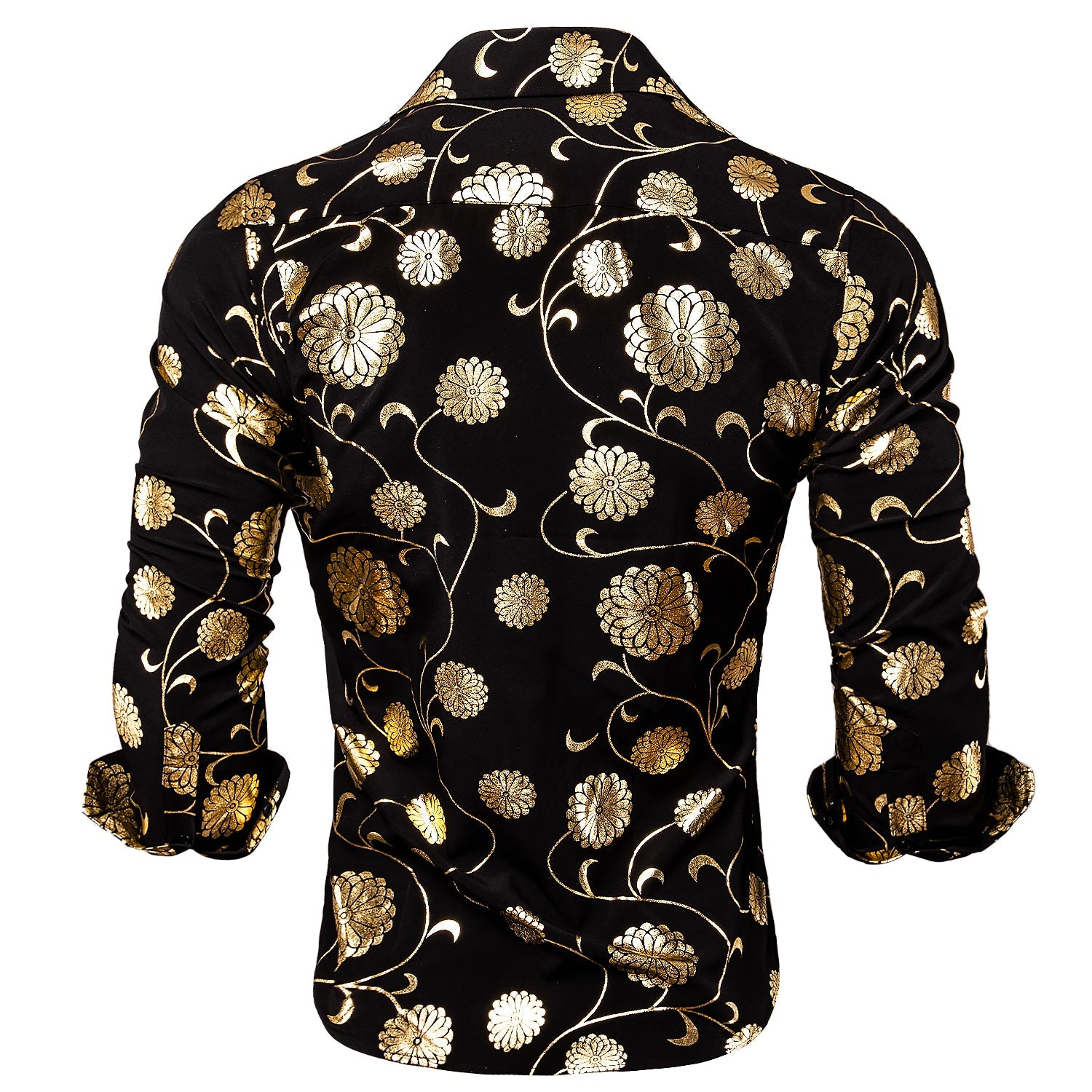 black and gold floral dress shirt Hi-Tie Black Floral Top Rose Gold Floral Silk Men's Long Sleeve Shirt