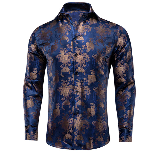 Blue and Brown Floral Dress Shirt shirt S   - Sophisticated Gentlemen