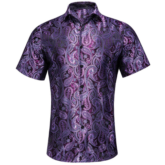 Purple and Black Paisley Short Sleeve Dress Shirt shirt S   - Sophisticated Gentlemen