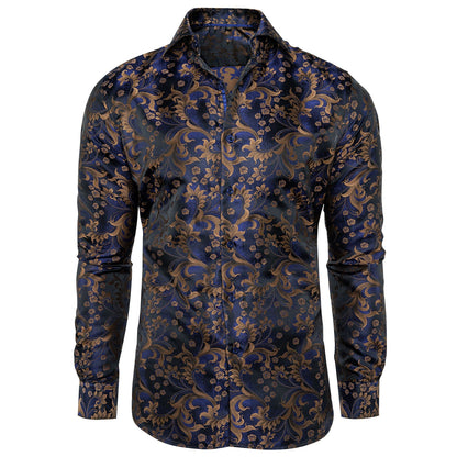 Royal Blue and Brown Floral Dress Shirt shirt S   - Sophisticated Gentlemen