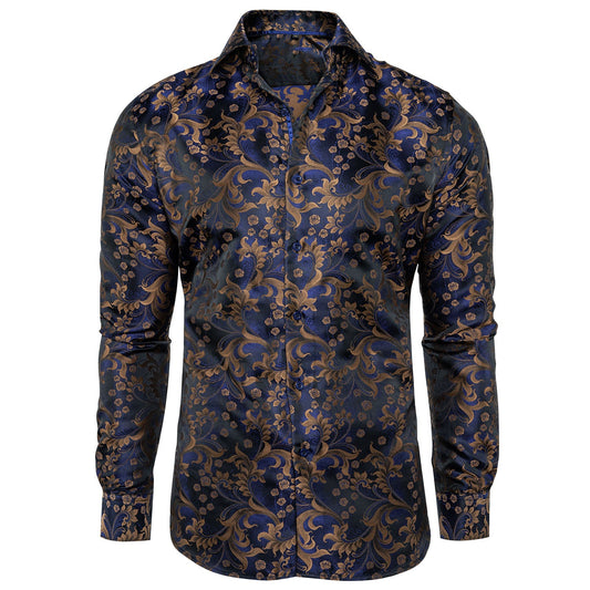 Royal Blue and Brown Floral Dress Shirt shirt S   - Sophisticated Gentlemen