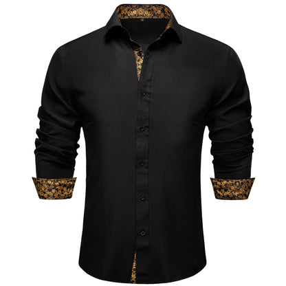 Black Shirt With Gold Floral Accent shirt S (Chest 40)   - Sophisticated Gentlemen