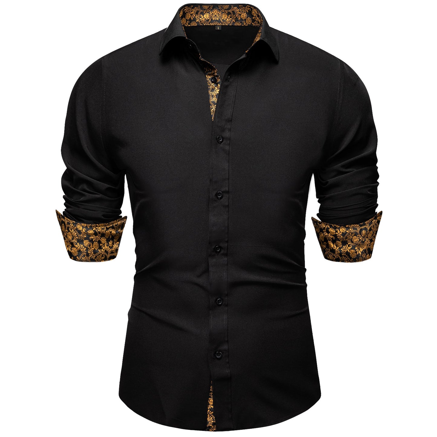 Black Shirt With Gold Floral Accent shirt    - Sophisticated Gentlemen