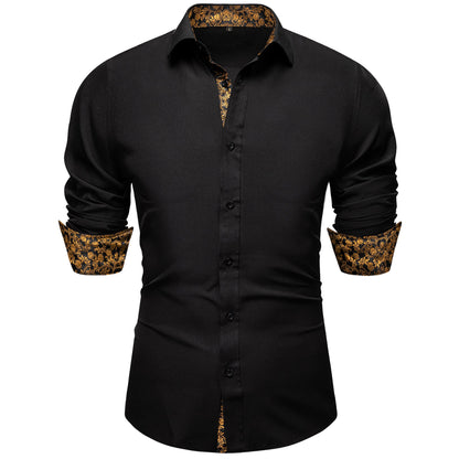 Black Shirt With Gold Floral Accent shirt    - Sophisticated Gentlemen