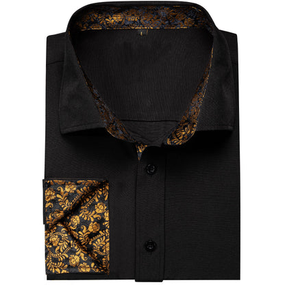 Black Shirt With Gold Floral Accent shirt    - Sophisticated Gentlemen