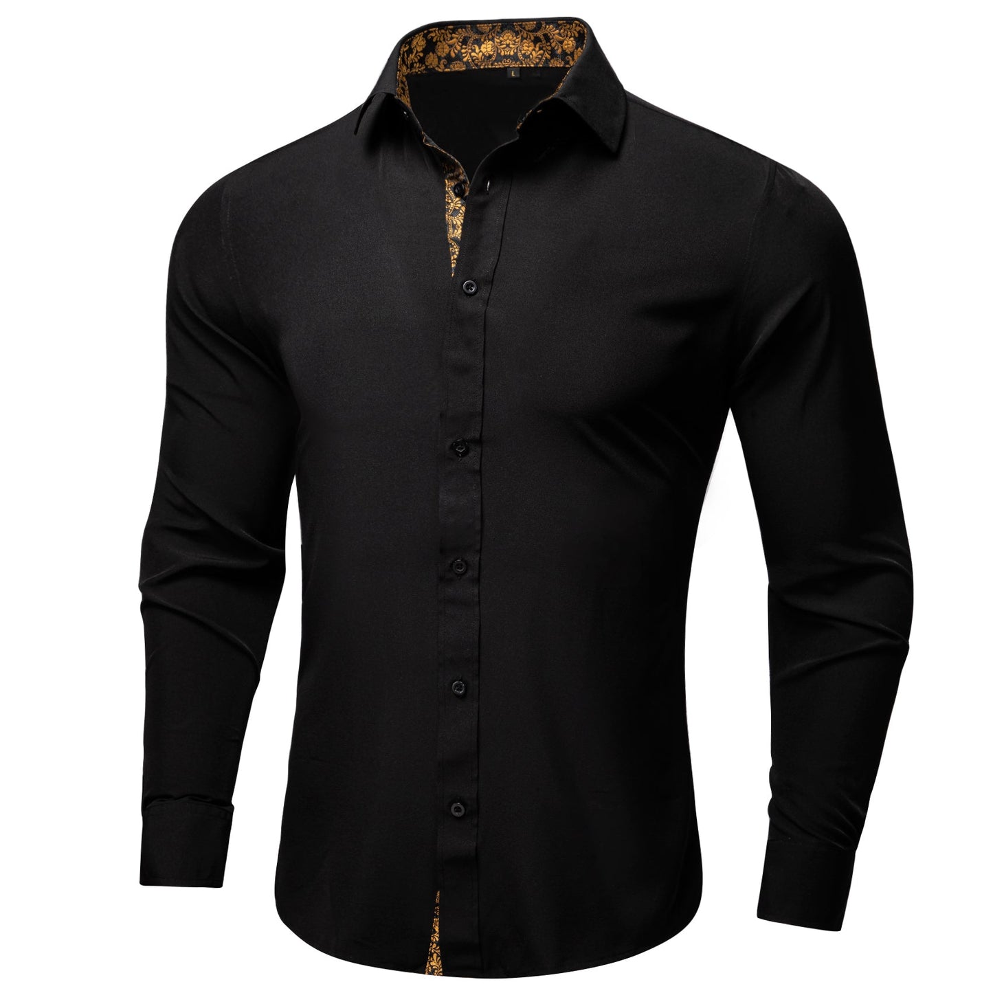 Black Shirt With Gold Floral Accent shirt    - Sophisticated Gentlemen
