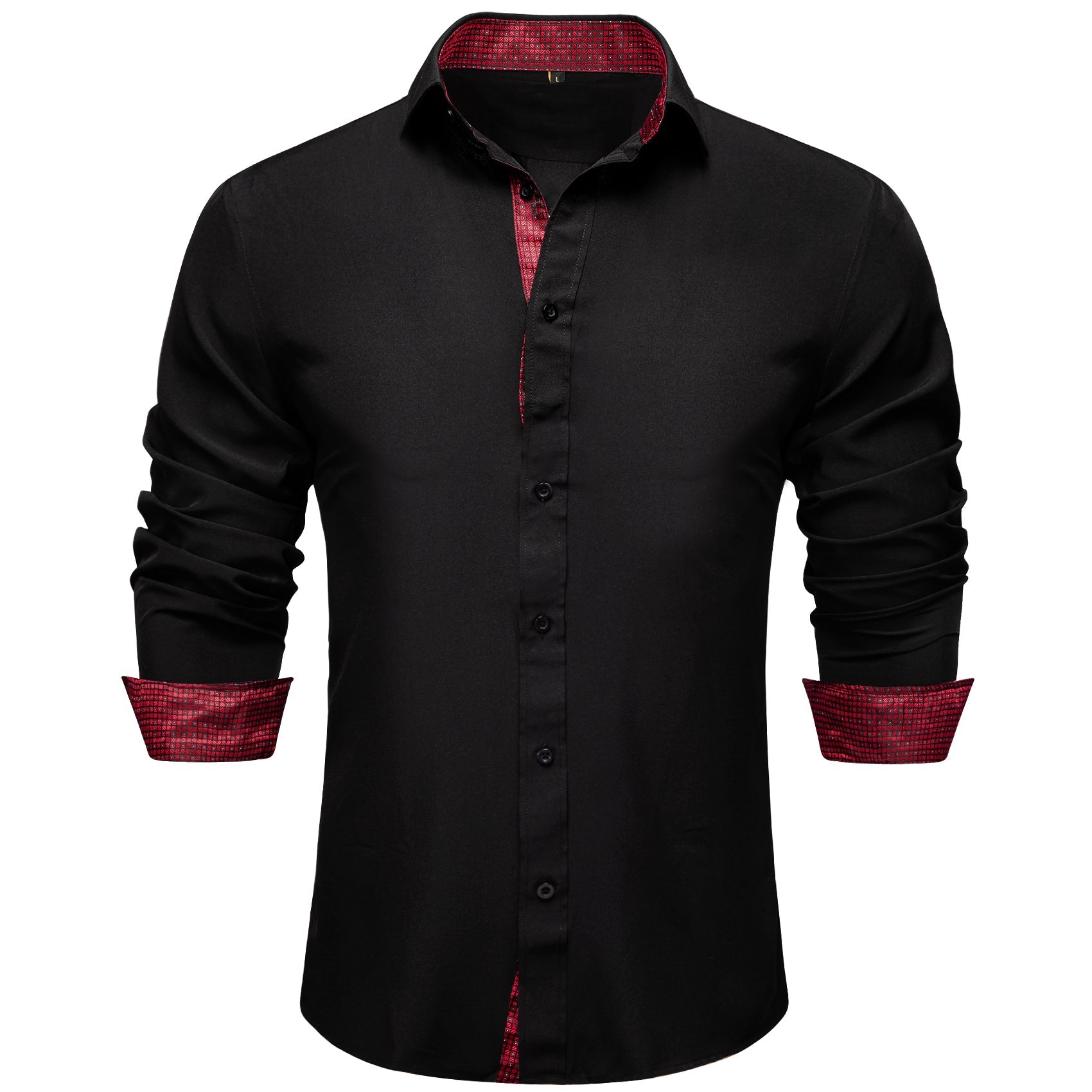 Black Shirt With Burgundy Plaid Accent shirt S   - Sophisticated Gentlemen