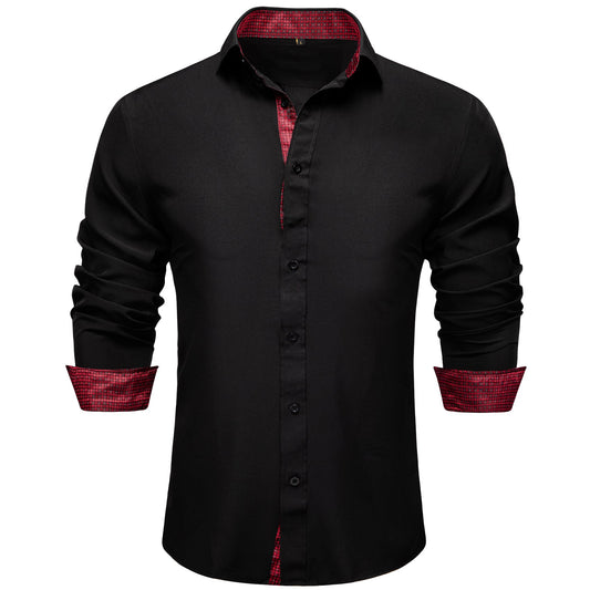 Black Shirt With Burgundy Plaid Accent shirt S   - Sophisticated Gentlemen
