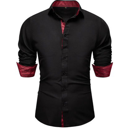 Black Shirt With Burgundy Plaid Accent shirt    - Sophisticated Gentlemen