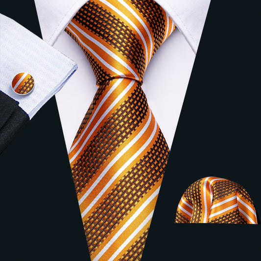 Gold Striped Premium Silk Tie, Pocket Square and Cufflinks tie sets - Sophisticated Gentlemen