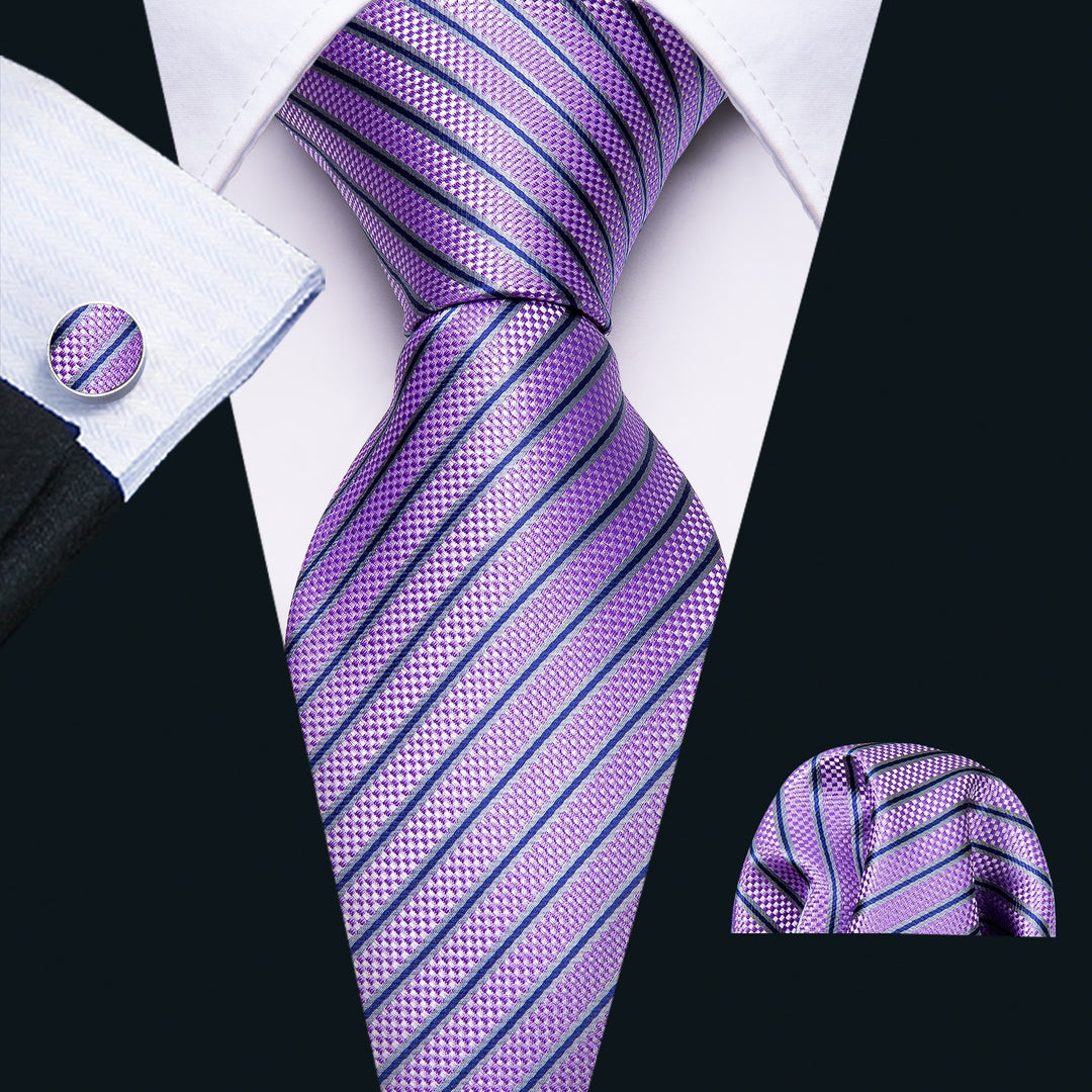 Purple Striped Premium Silk Tie, Pocket Square and Cufflinks tie sets - Sophisticated Gentlemen