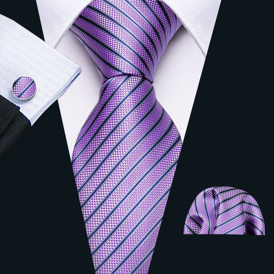 Purple Striped Premium Silk Tie, Pocket Square and Cufflinks tie sets - Sophisticated Gentlemen