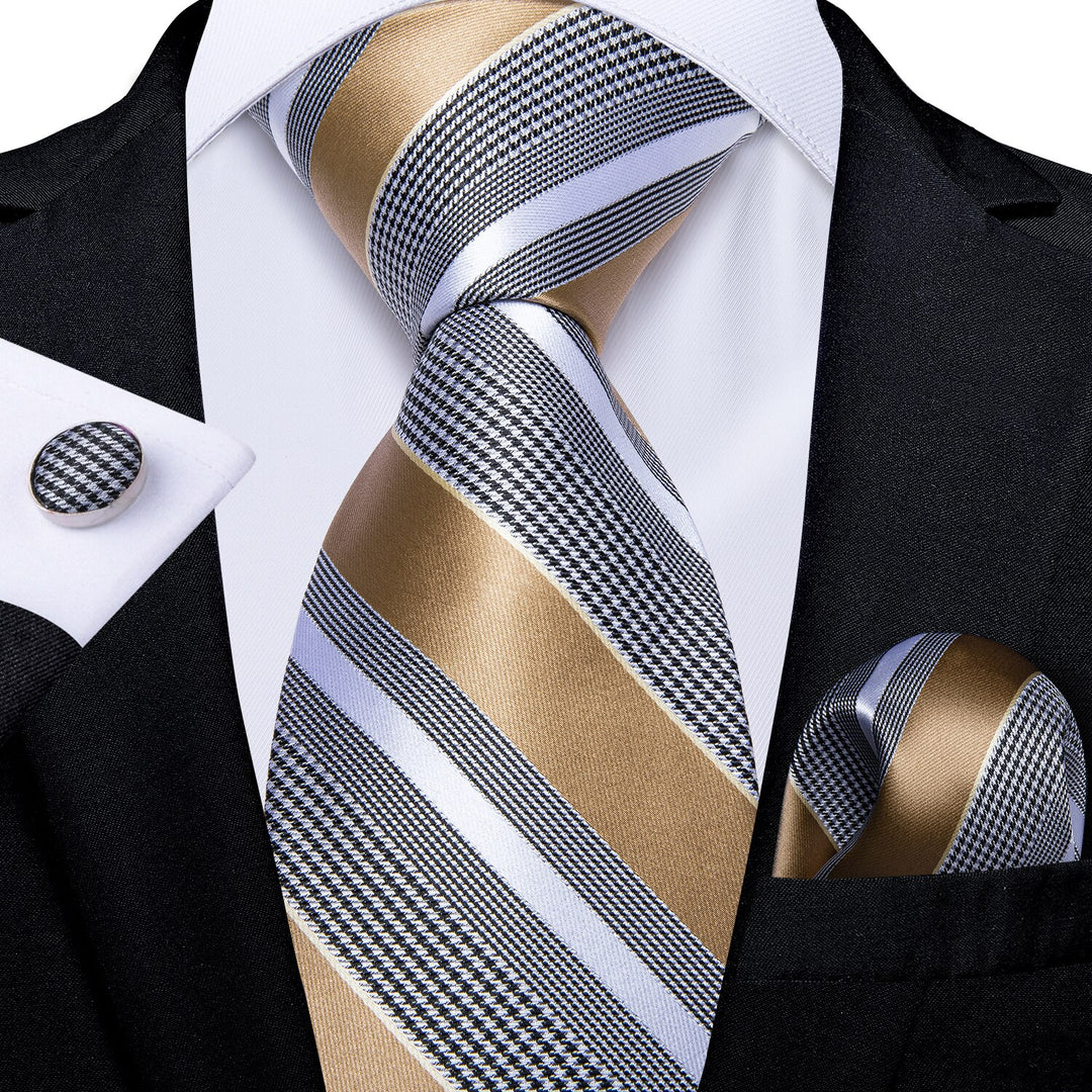 Gold Stripes Silk Tie, Pocket Square and Cufflinks tie sets - Sophisticated Gentlemen