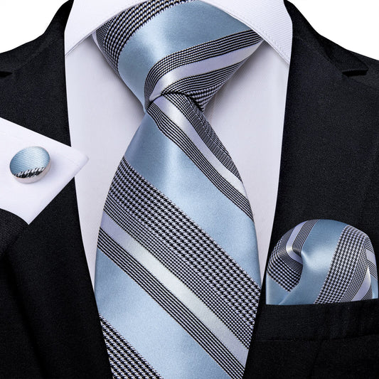 Baby Blue Stripes Silk Tie, Pocket Square and Cufflinks tie sets - Sophisticated Gentlemen