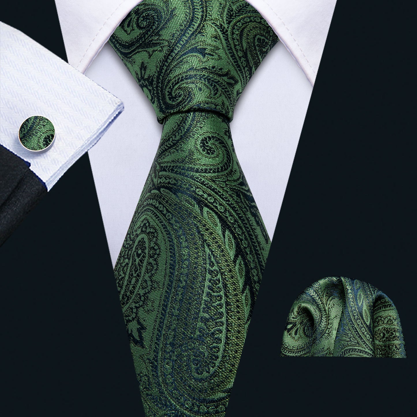 Green Harmony Tie, Pocket Square and Cufflinks tie sets - Sophisticated Gentlemen