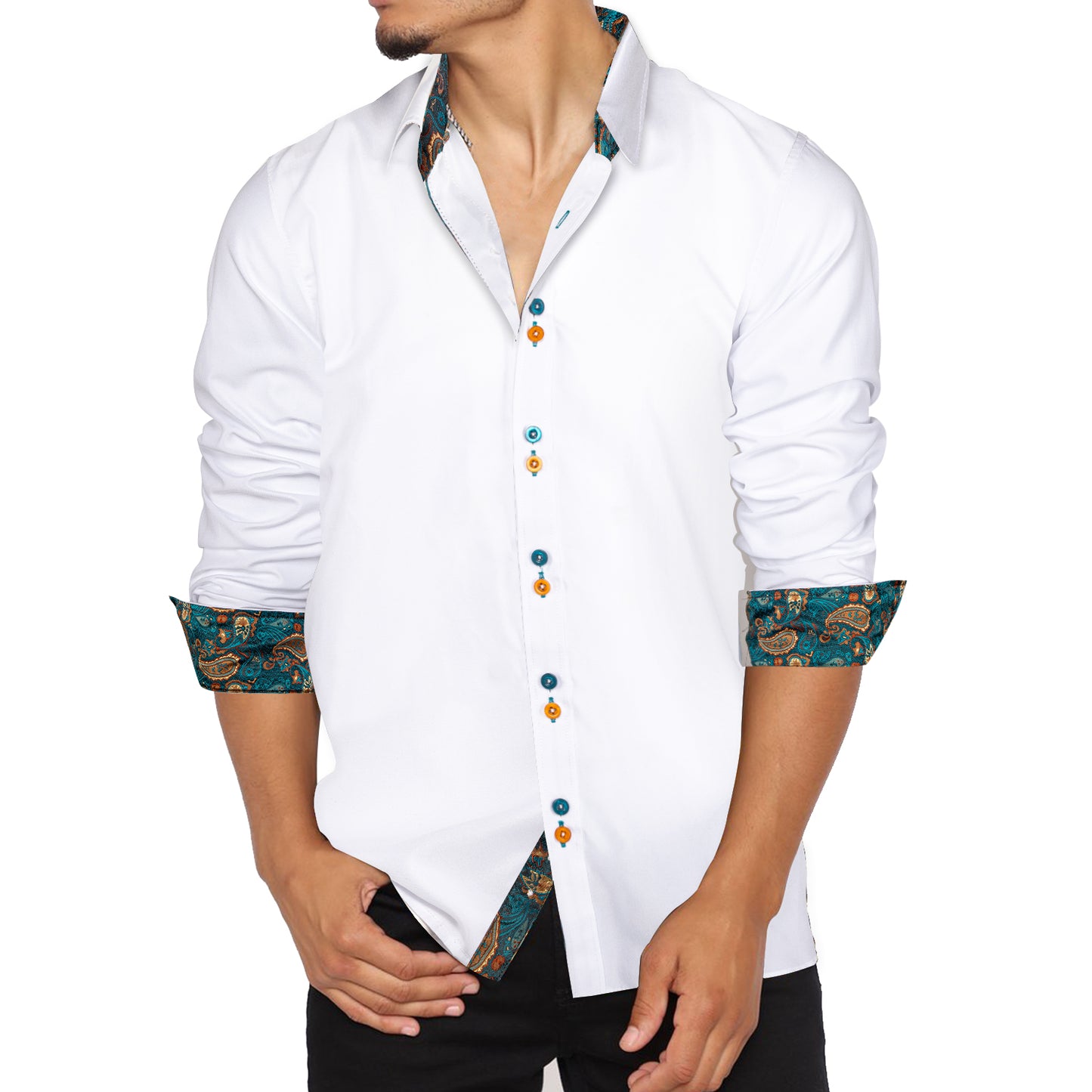 White Shirt with Green Paisley Accent Shirt S   - Sophisticated Gentlemen