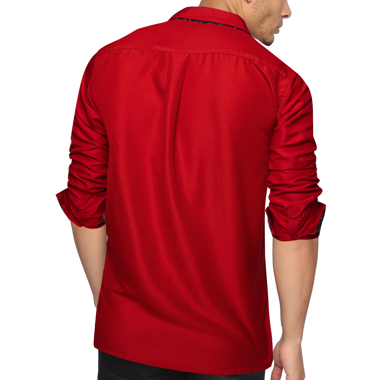 Red Silk Shirt with Black Paisley Accented Cuffs and Collar Shirt    - Sophisticated Gentlemen