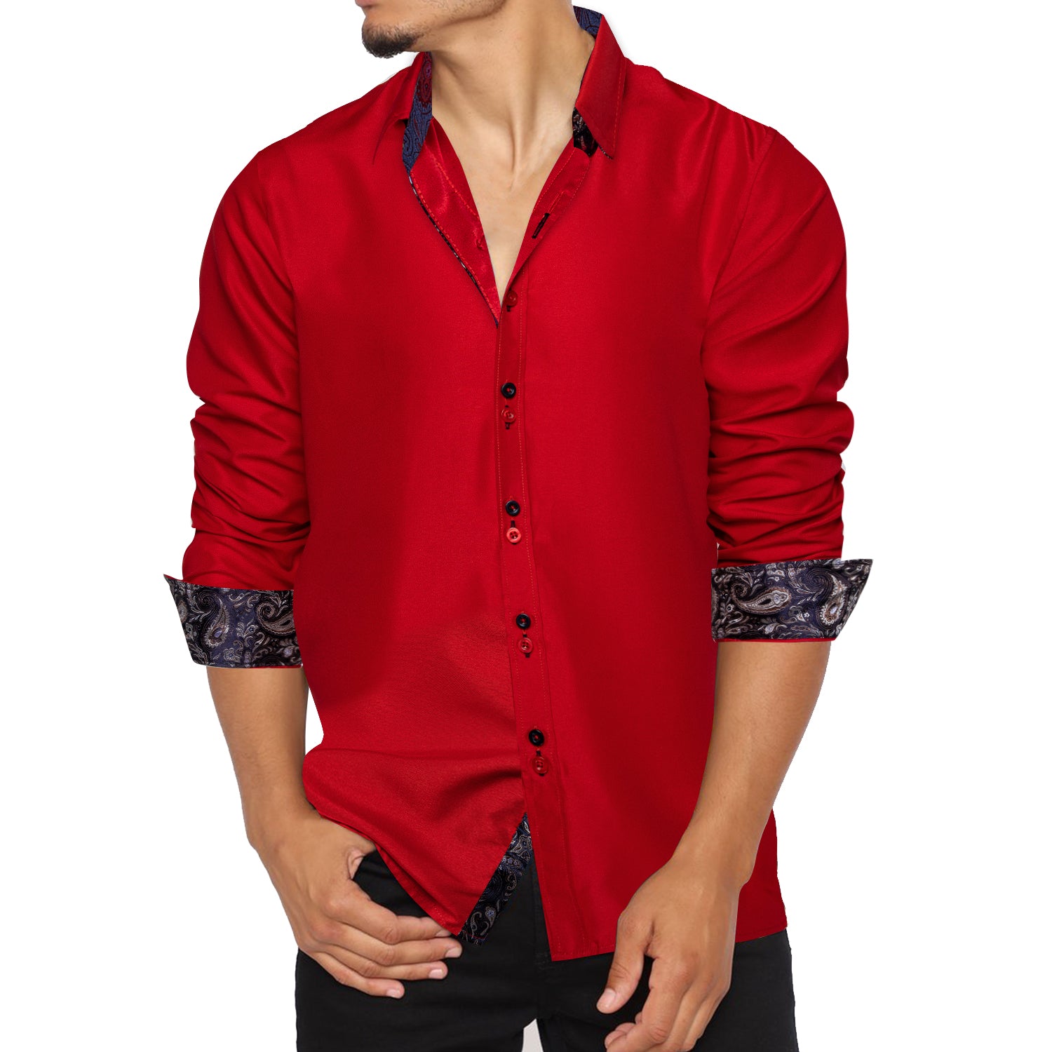 Red Silk Shirt with Black Paisley Accented Cuffs and Collar Shirt S   - Sophisticated Gentlemen
