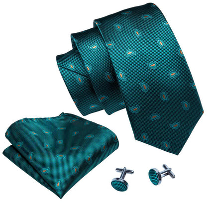 Tiny Paisley Tie, Pocket Square and Cufflinks in Green tie sets    - Sophisticated Gentlemen