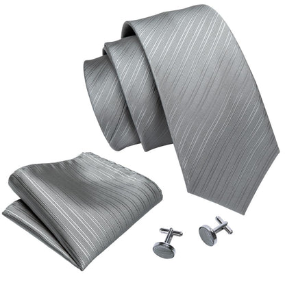 Silver Lines Tie, Pocket Square and Cufflinks tie sets    - Sophisticated Gentlemen