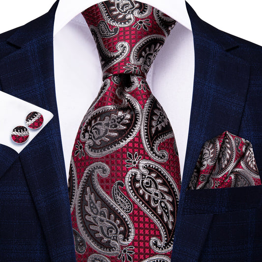 Red Paisley Tie, Pocket Square and Cufflinks tie sets - Sophisticated Gentlemen
