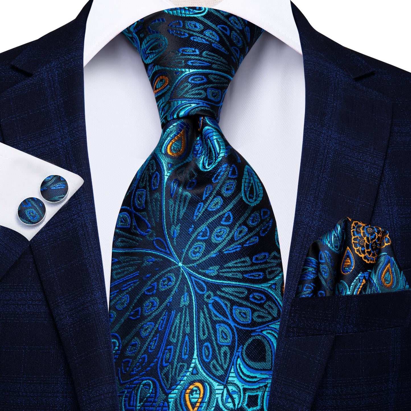 Peacock Eyes Tie, Pocket Square and Cufflinks tie sets - Sophisticated Gentlemen