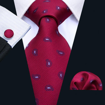 Tiny Paisley Tie, Pocket Square and Cufflinks in Red tie sets    - Sophisticated Gentlemen