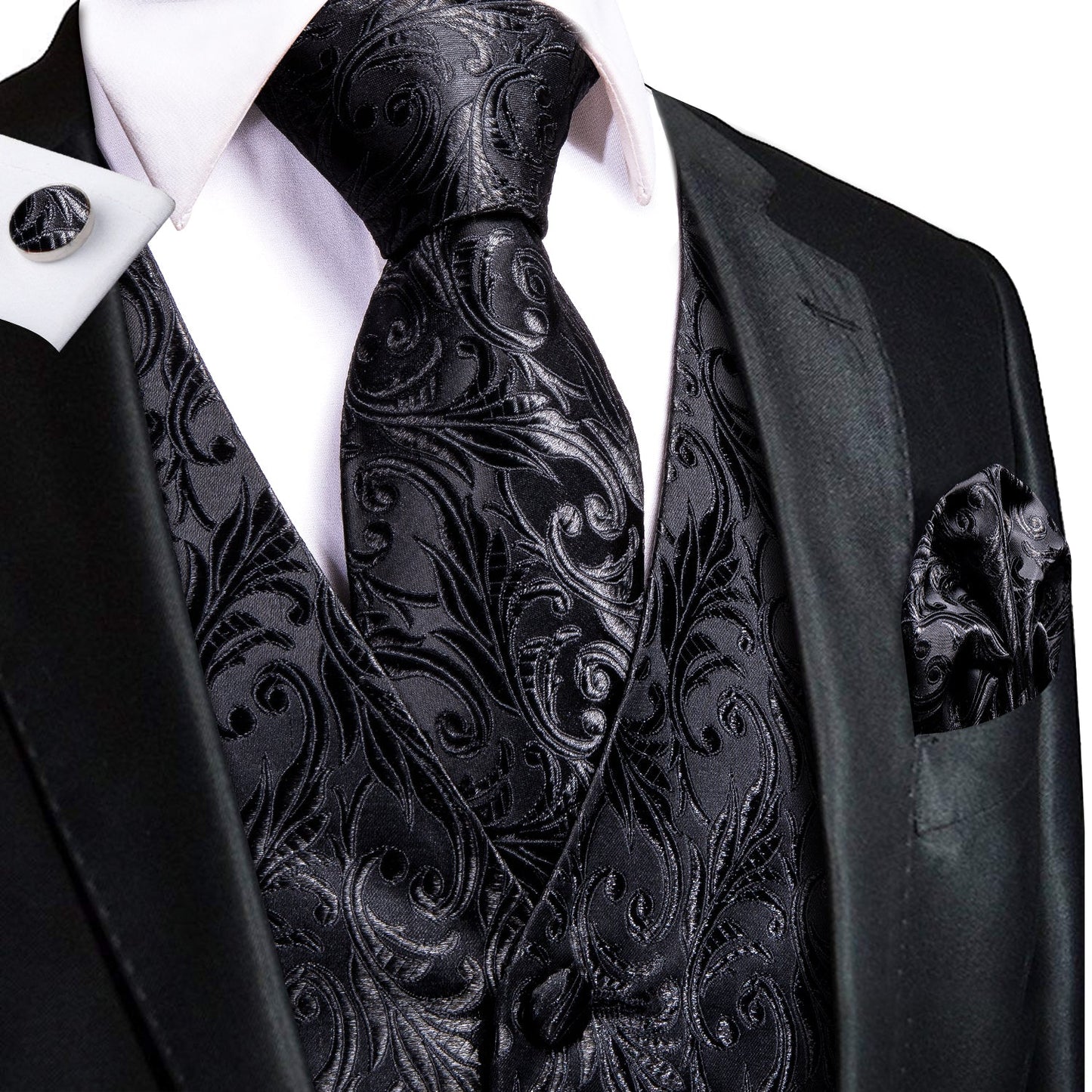 Black And Silver Floral Vest Set vest set S (Chest 41)   - Sophisticated Gentlemen