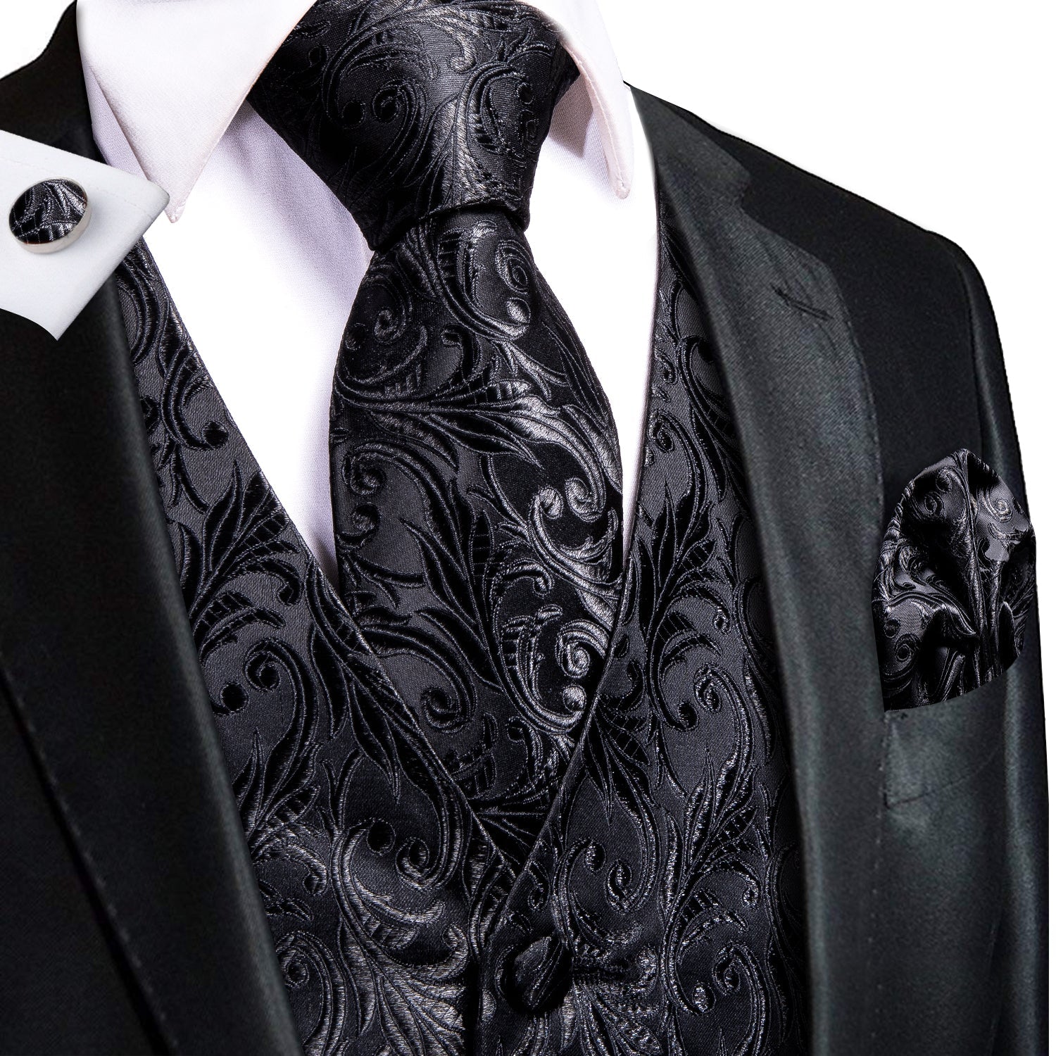 Black And Silver Floral Vest Set vest set S (Chest 41)   - Sophisticated Gentlemen