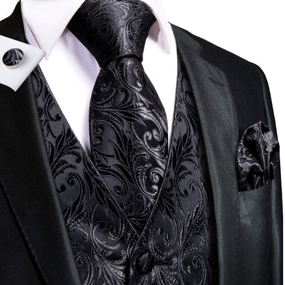 Black And Silver Floral Vest Set vest set S (Chest 41)   - Sophisticated Gentlemen