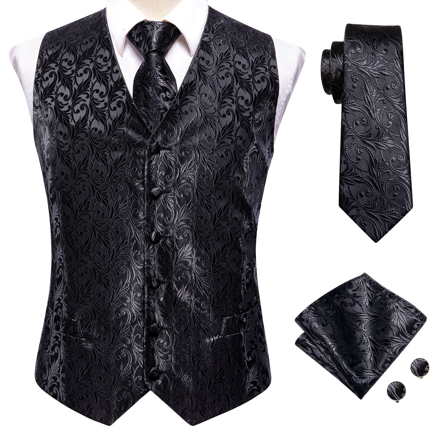 Black And Silver Floral Vest Set vest set    - Sophisticated Gentlemen