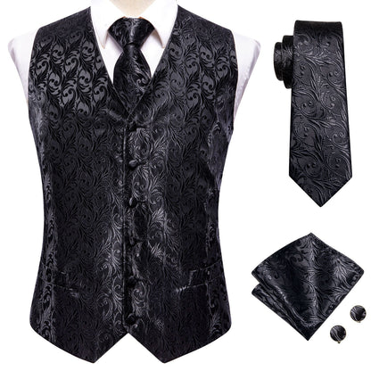Black And Silver Floral Vest Set vest set    - Sophisticated Gentlemen