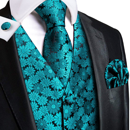 Teal Floral Vest Set vest set S (Chest 41)   - Sophisticated Gentlemen
