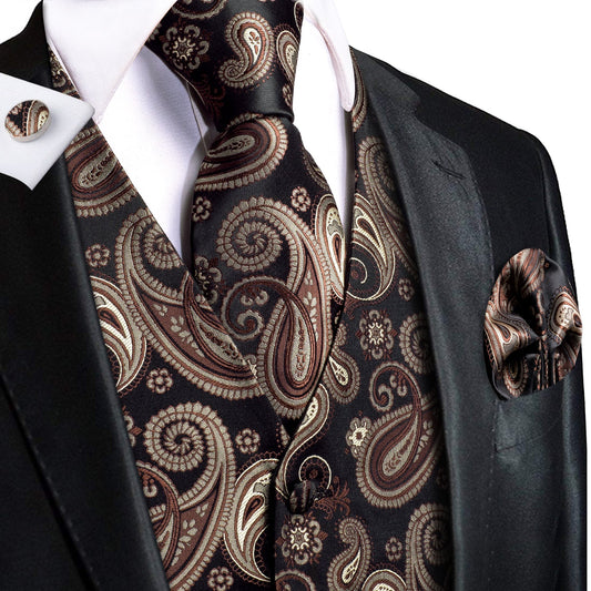 Brown and Black Paisley Vest Set Home S (Chest 41)   - Sophisticated Gentlemen