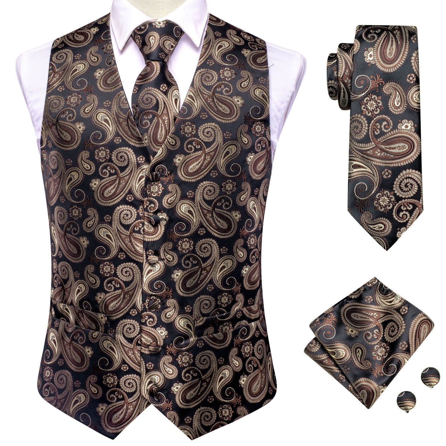 Brown and Black Paisley Vest Set Home    - Sophisticated Gentlemen
