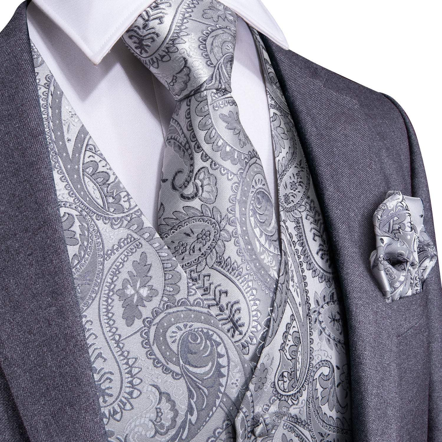 Silver Paisley Vest Set vest set S (Chest 40)   - Sophisticated Gentlemen
