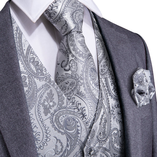 Silver Paisley Vest Set vest set S (Chest 40)   - Sophisticated Gentlemen