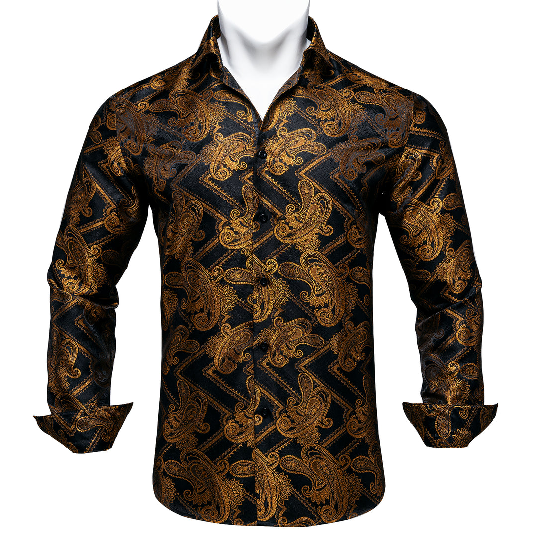 Black and Gold Paisley Dress Shirt shirt S   - Sophisticated Gentlemen