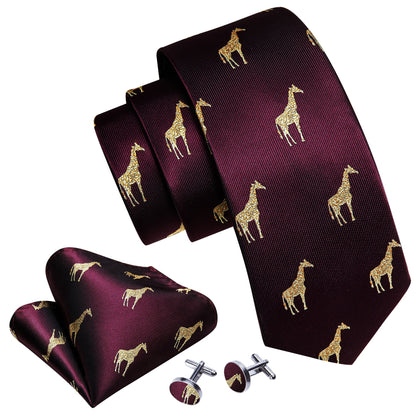 Burgundy Giraffe Silk Tie Set tie set    - Sophisticated Gentlemen