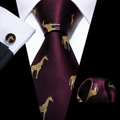 Burgundy Giraffe Silk Tie Set tie set - Sophisticated Gentlemen