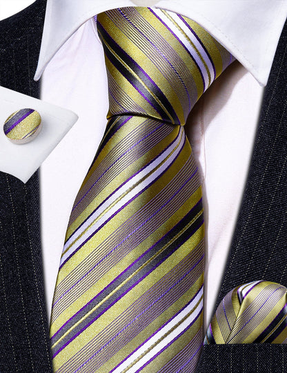 Purple and Gold Striped Silk Tie, Pocket Square and Cufflinks tie sets    - Sophisticated Gentlemen