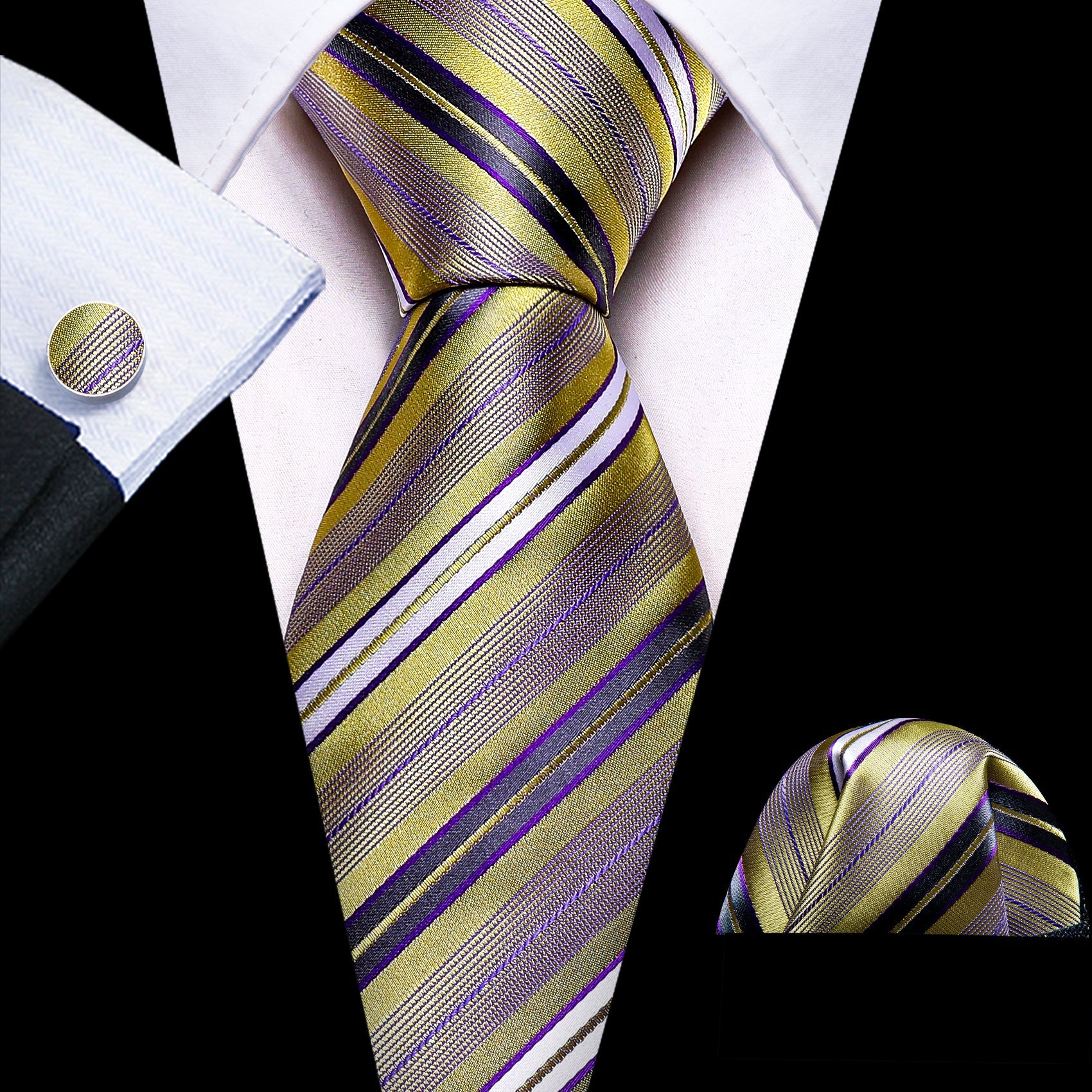 Purple and Gold Striped Silk Tie, Pocket Square and Cufflinks tie sets Default Title - Sophisticated Gentlemen
