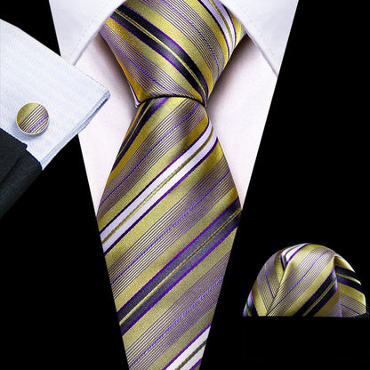 Purple and Gold Striped Silk Tie, Pocket Square and Cufflinks tie sets Default Title - Sophisticated Gentlemen