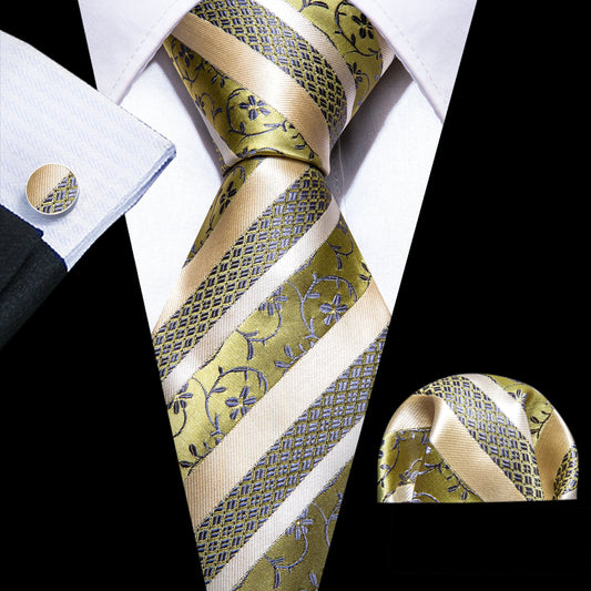 Champagne and Yellow Striped Tie, Pocket Square and Cufflinks tie sets - Sophisticated Gentlemen